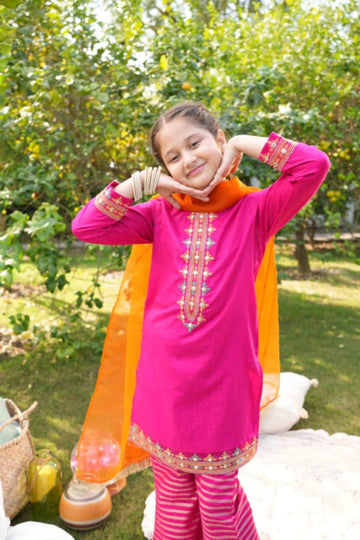 Al Qaswa Fuchsia Pink Embroidered 3-Piece Dress for Girls