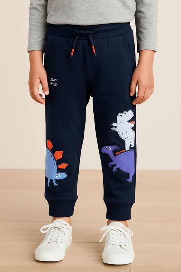 Blue Dino Embroidery Sweatpants for Kids