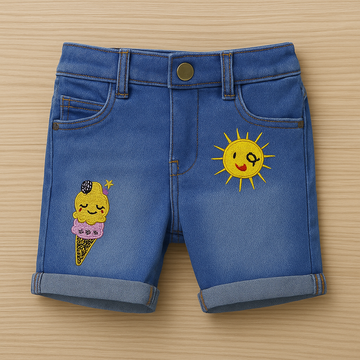🍦 Ice Cream Embroidered Denim Shorts (Adjustable Waist)