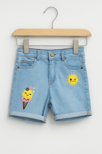 Ice Cream Embroidered Denim Shorts – Ice Blue