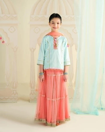 Hopscotch Lehenga – Peach & Aqua