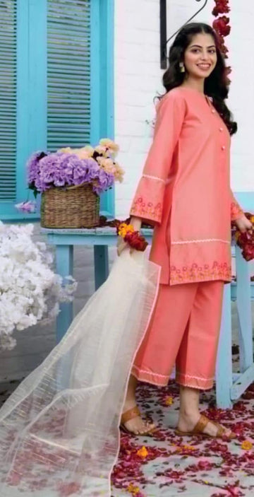 Peachy Pink Embroidered 3-Piece Dress