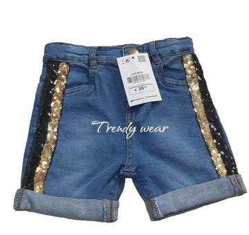 Sequins Border Denim Shorts – Blue