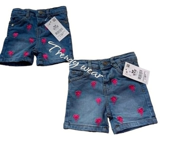 Palm Tree Embroidered Denim Shorts (Adjustable Waist)