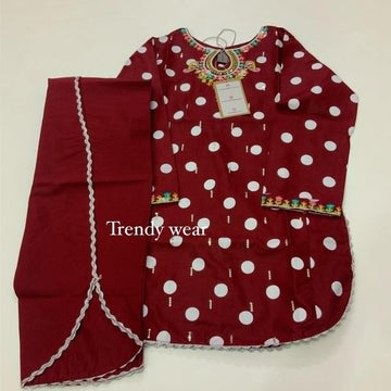 Maroon Polka Dot Embroidered Lawn Dress (2-Piece Set)
