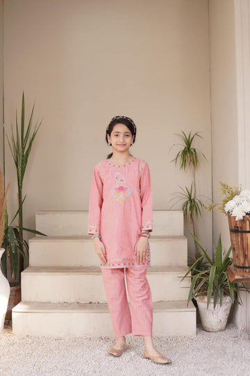 Embroidery Tea Pink Dress 2-Piece Set