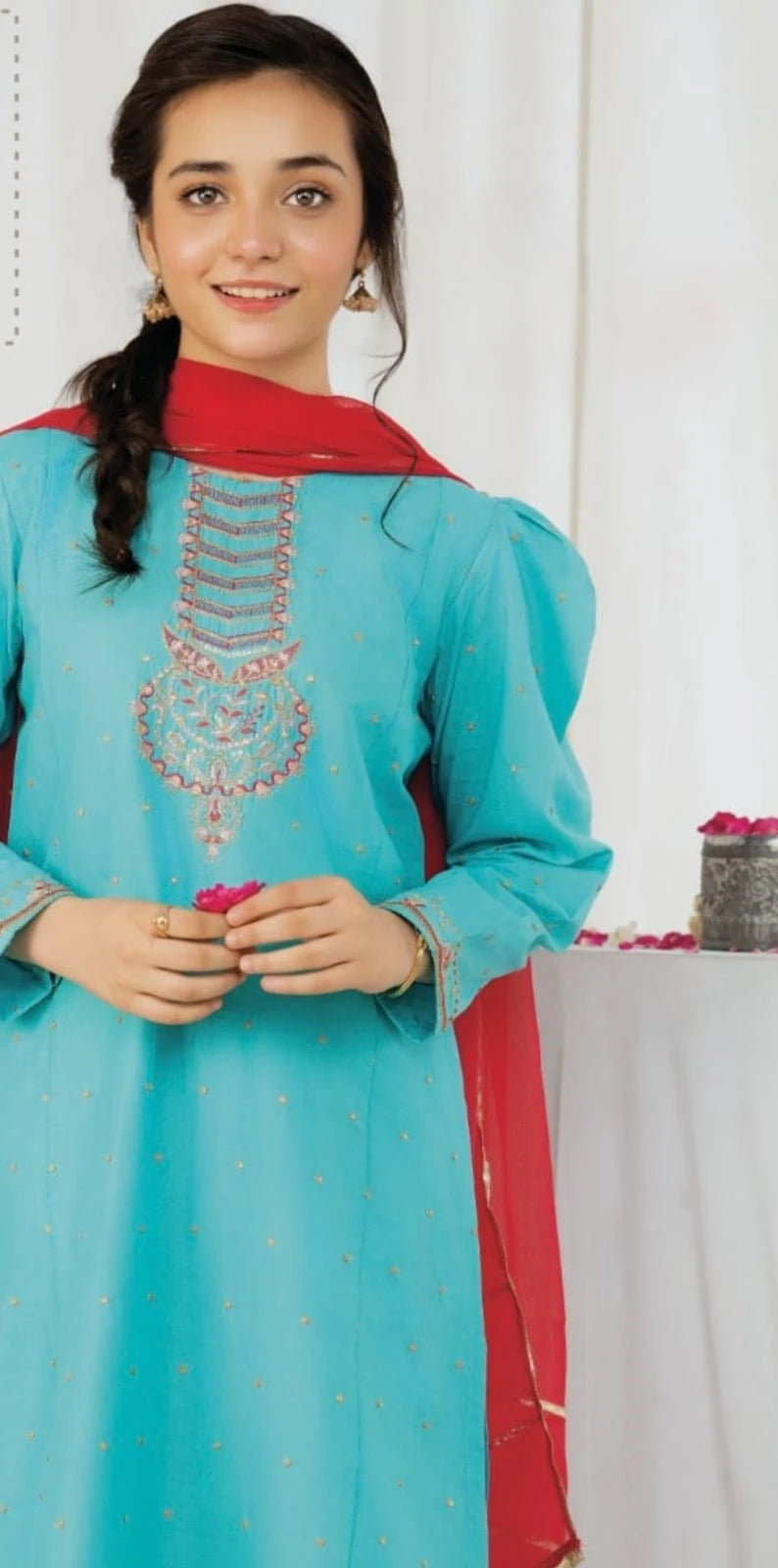 Daisy Embroidery 3PC Dress – Aqua Blue