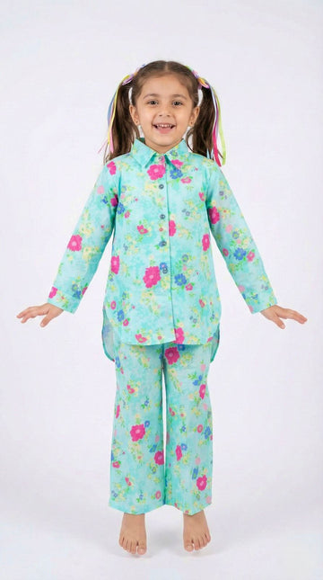 Girls Turquoise Floral Dress with Trouser