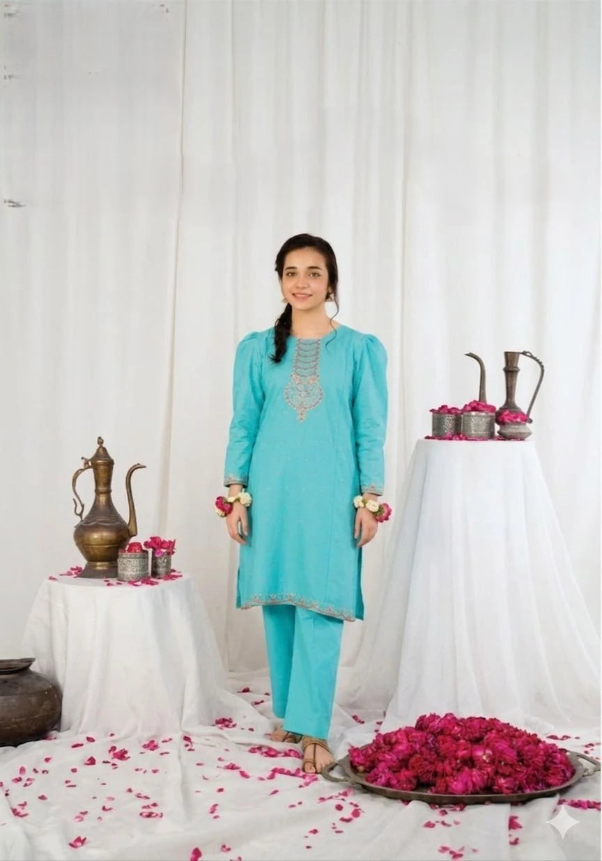 Daisy Embroidery 3PC Dress – Aqua Blue