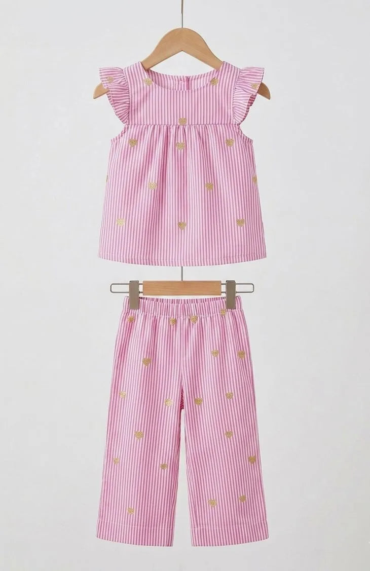 Wow Kids Co-Ord Set – Gold Heart Stripe Pink 💖