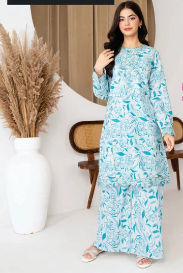 Daisy Textured Lawn Embroidered Dress with Palazzo