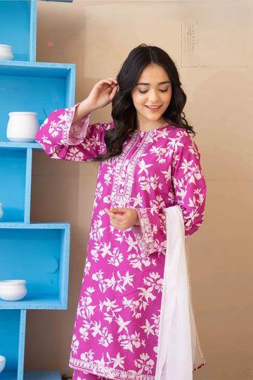 Daisy Textured Lawn Embroidered Dress with Palazzo & Chiffon Dupatta