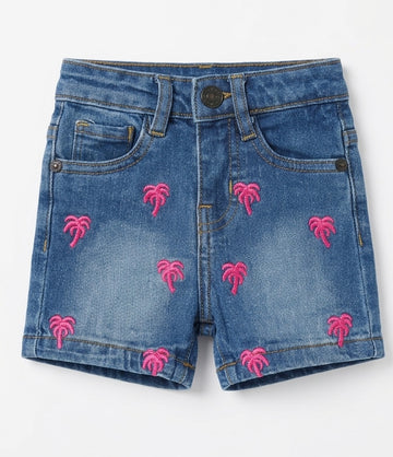 Palm Tree Embroidered Denim Shorts (Adjustable Waist)