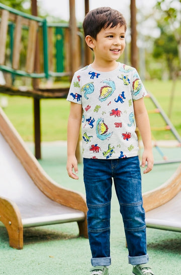Little Kids Multi-Coloured Dinosaur Printed T-Shirt