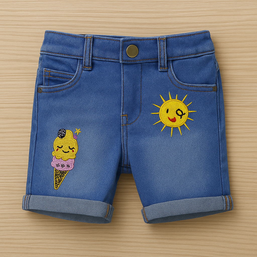 🍦 Ice Cream Embroidered Denim Shorts (Adjustable Waist)