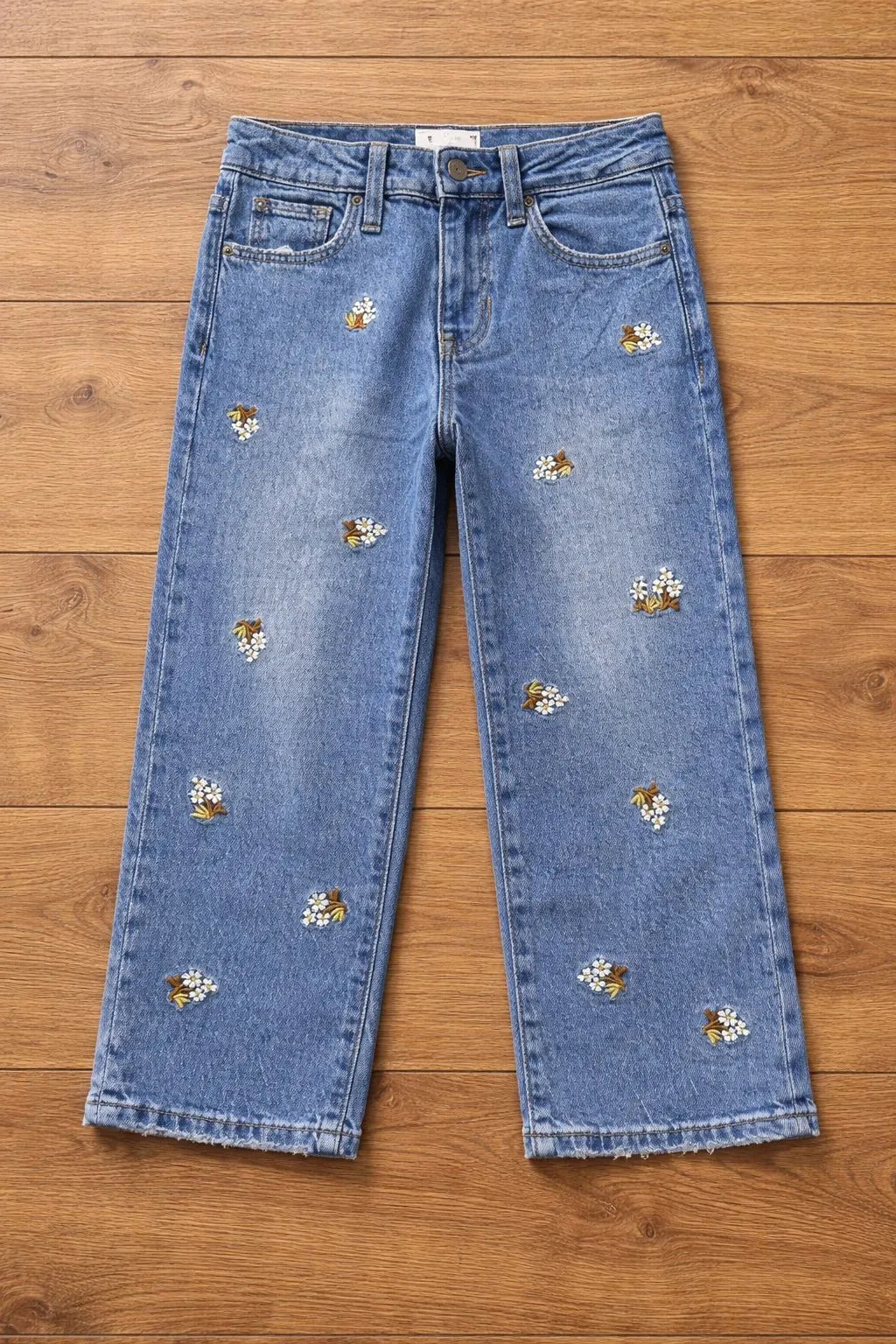 Girls Blue Denim Capri with Embroidery