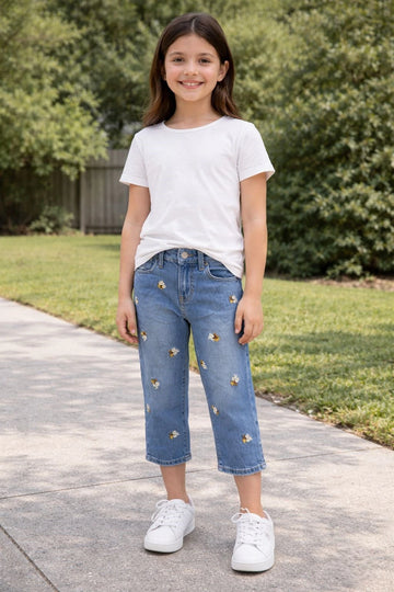 Girls Blue Denim Capri with Embroidery