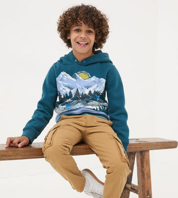 Fatface Teal Hoodie – Mountain Graphic with Thumbhole Sleeves (Kids)