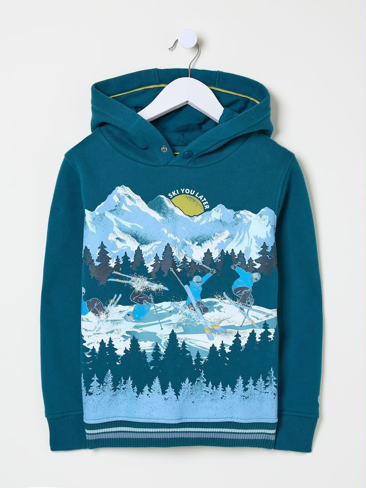Fatface Teal Hoodie – Mountain Graphic with Thumbhole Sleeves (Kids)