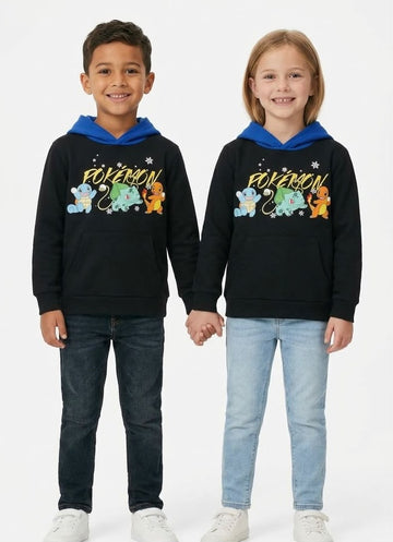Pokémon Kangaroo Pocket Hoodie – Black & Blue Fleece Hood with Digital Print