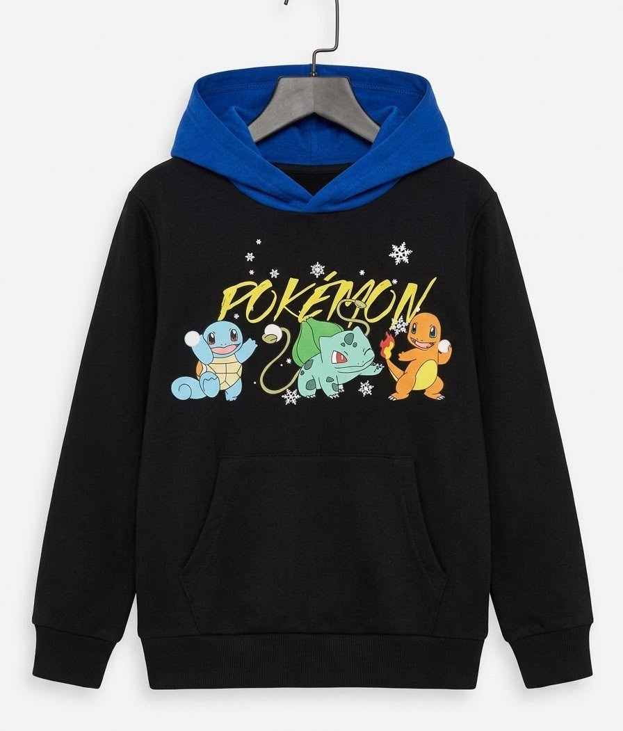 Pokémon Kangaroo Pocket Hoodie – Black & Blue Fleece Hood with Digital Print