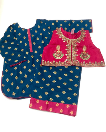 Teal Green Dress with Pink Koti (3-Piece Set)