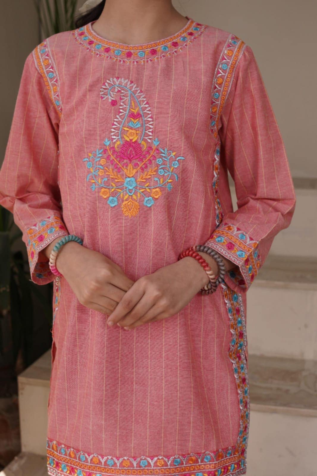 Embroidery Tea Pink Dress 2-Piece Set