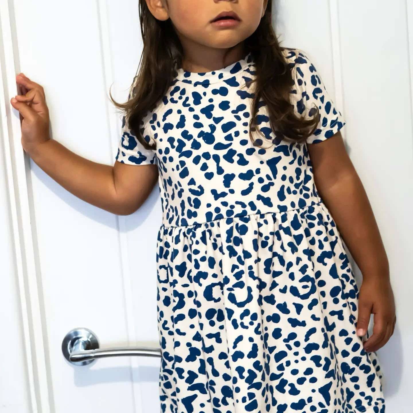 Blu Kids Girl Frock – White with Blue Cheetah Print