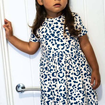 Blu Kids Girl Frock – White with Blue Cheetah Print