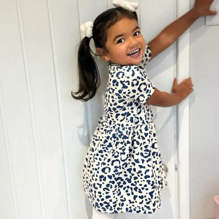 Blu Kids Girl Frock – White with Blue Cheetah Print