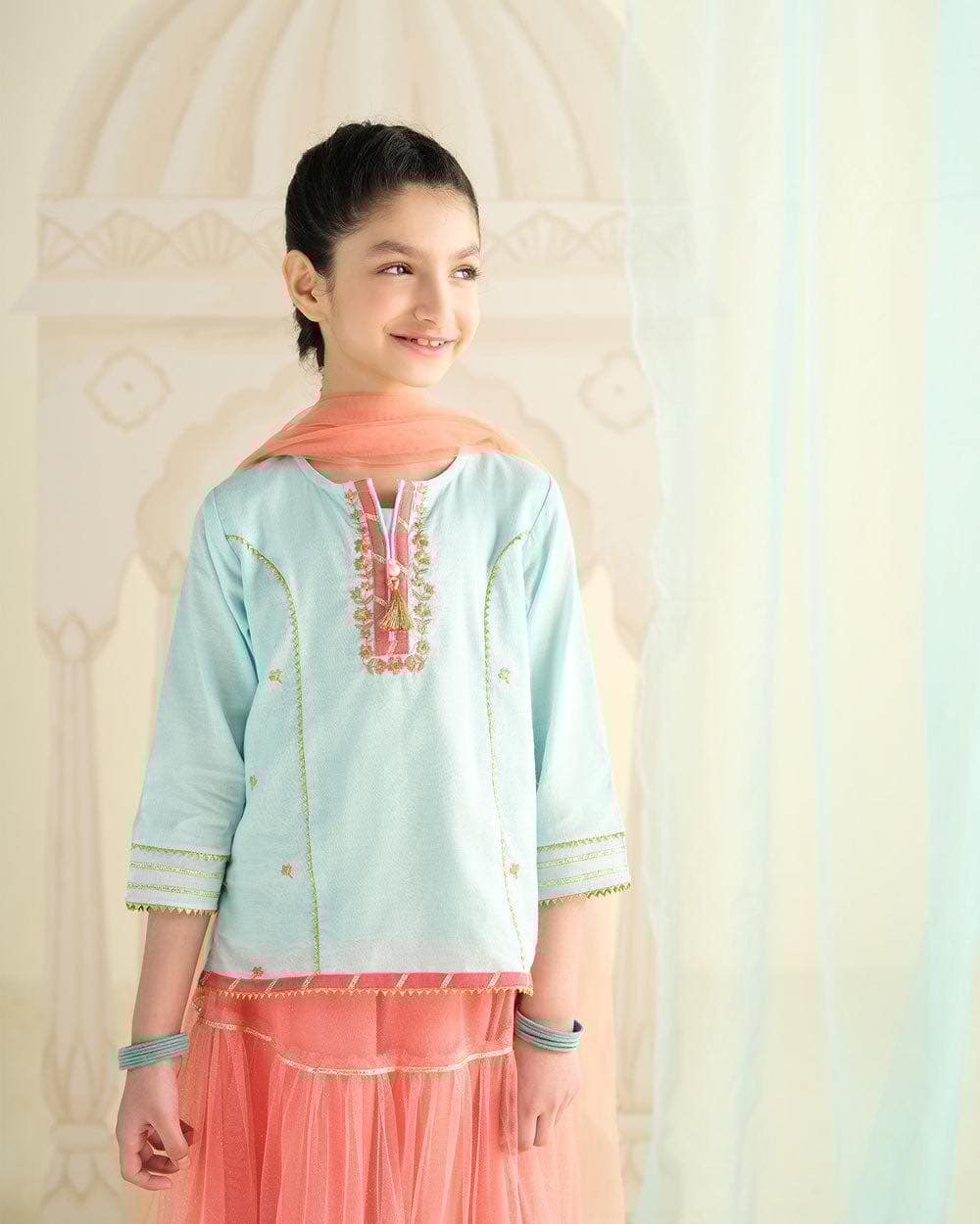 Hopscotch Lehenga – Peach & Aqua