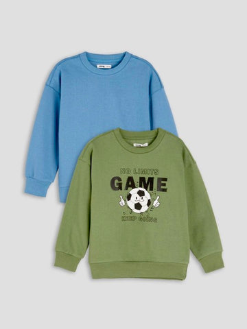 2-Pack Sweatshirts - Green Football Print & Solid Blue