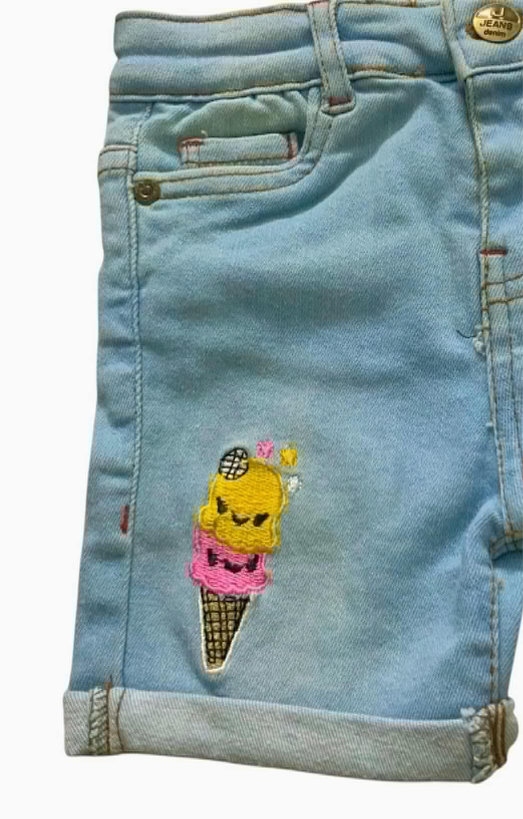 Ice Cream Embroidered Denim Shorts – Ice Blue