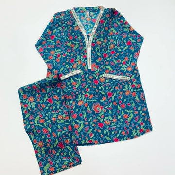Peru Teal Blue Floral Lawn Dress (2-Piece Set)
