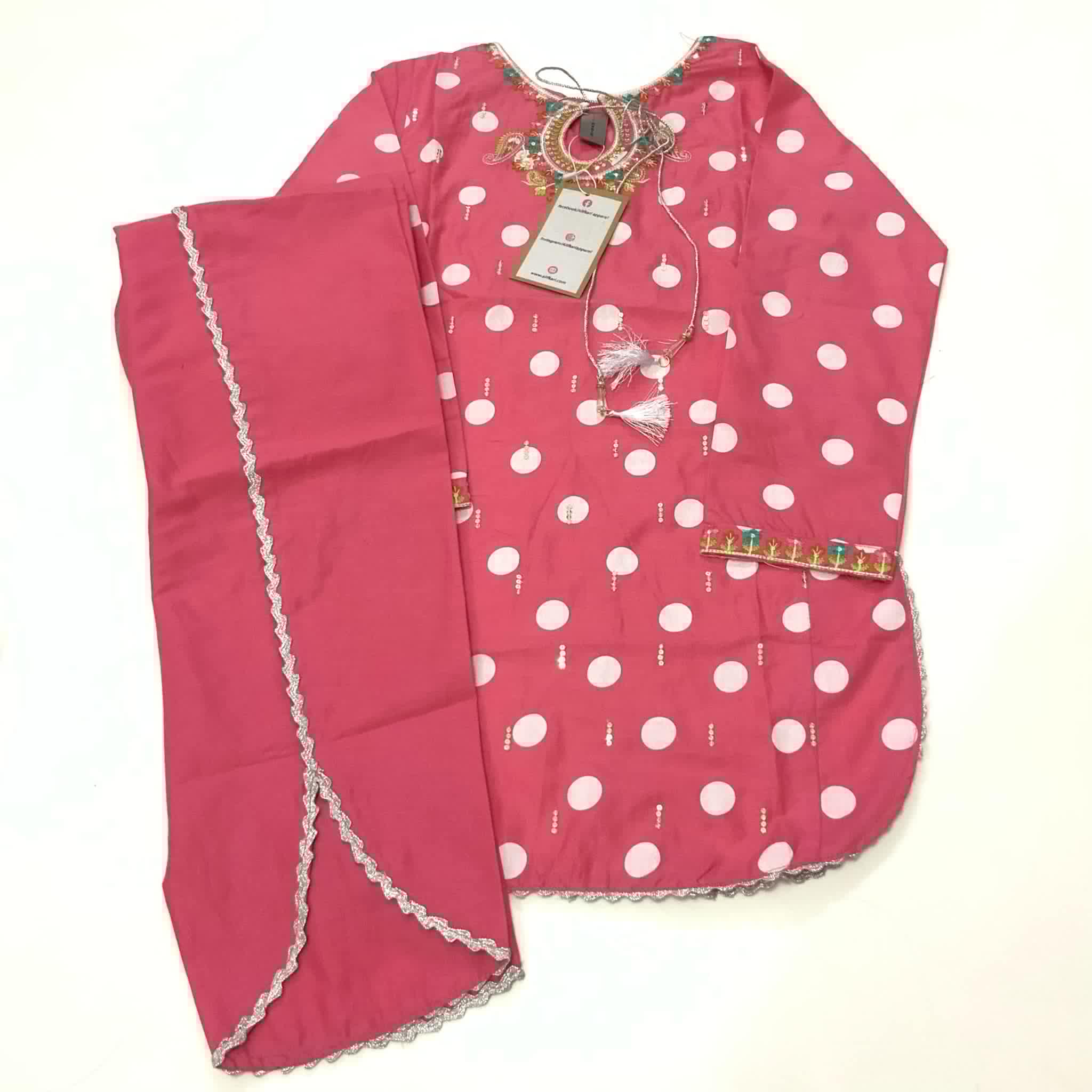 Pink Polka Dot Embroidered Lawn Dress (2-Piece Set)
