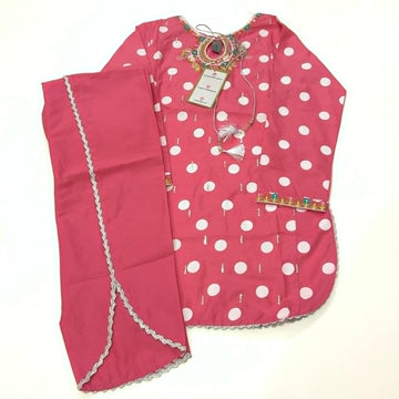Pink Polka Dot Embroidered Lawn Dress (2-Piece Set)