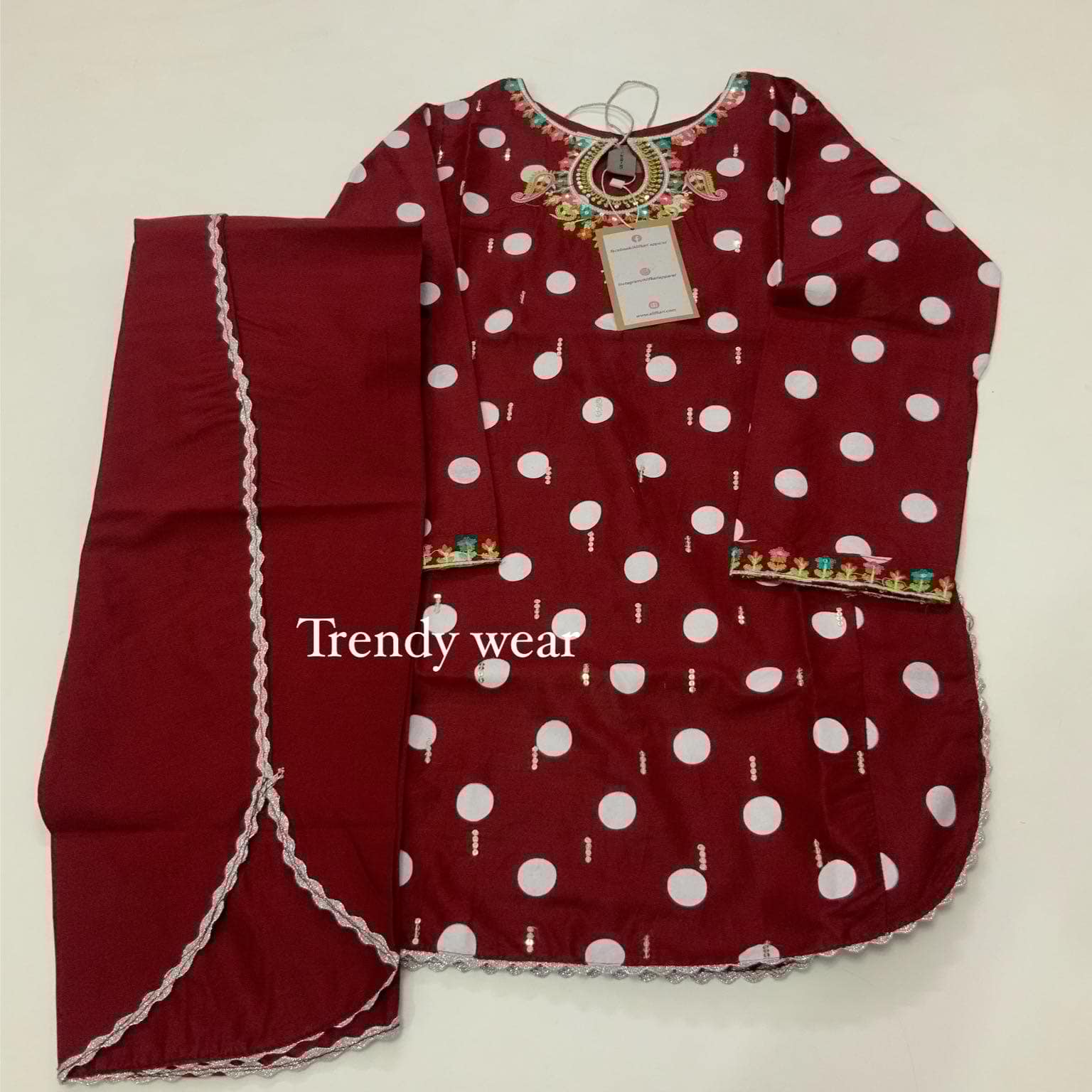 Maroon Polka Dot Embroidered Lawn Dress (2-Piece Set)