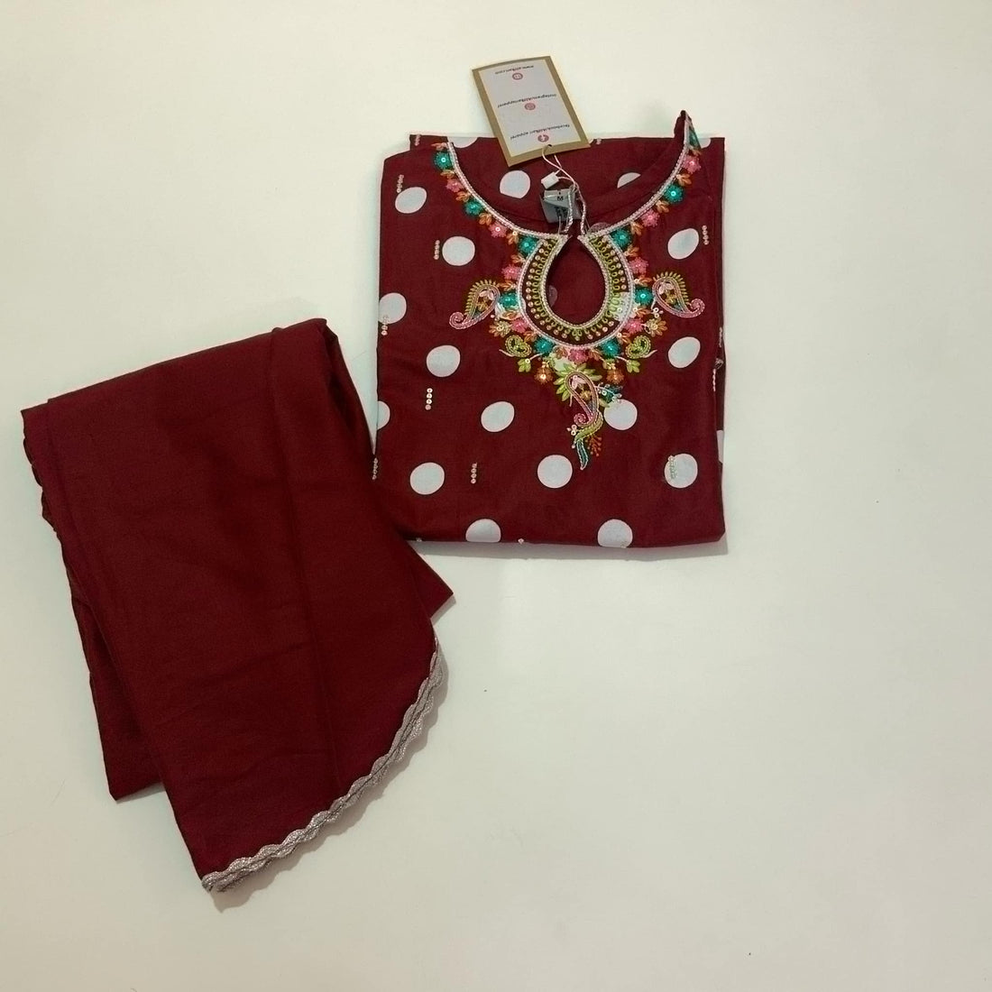 Maroon Polka Dot Embroidered Lawn Dress (2-Piece Set)