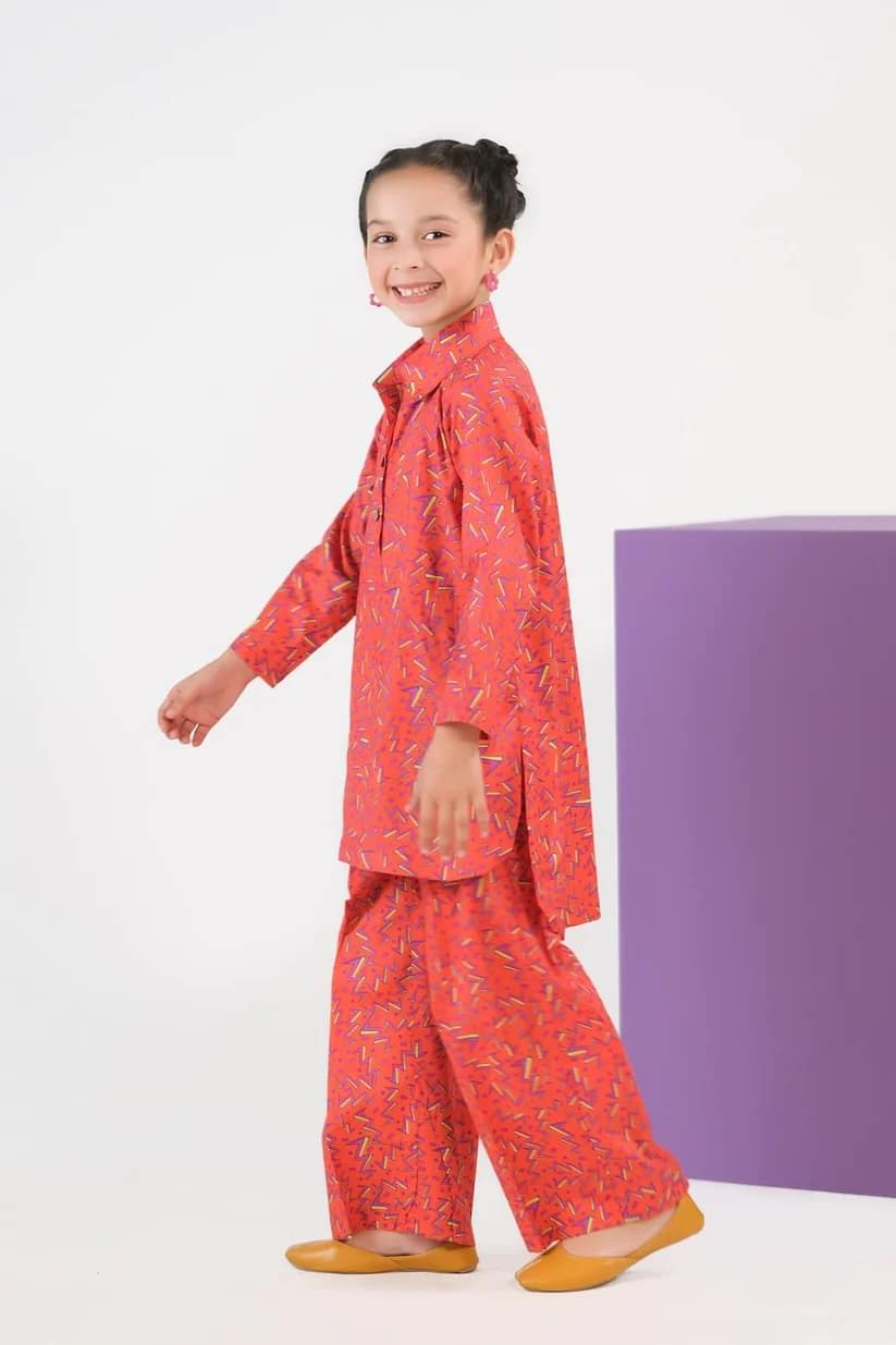 ⚡ Sprinkle Orange Fusion Cambric Dress (2-Piece Set)