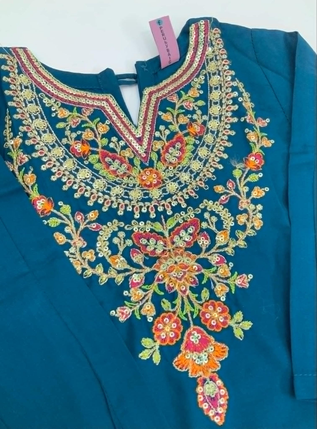2-Piece Embroidered Dark Peacock Blue Dress